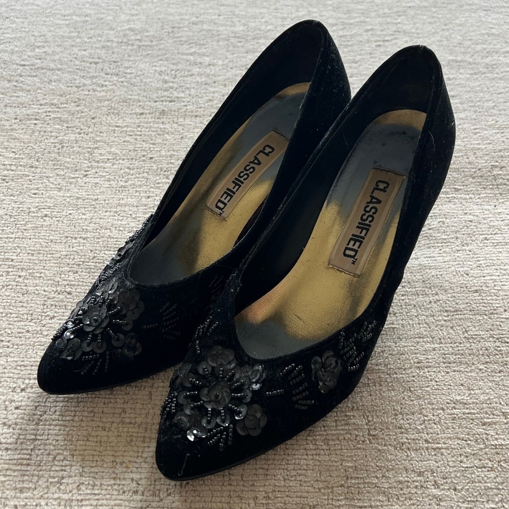 Classified Black Velvet Sequin Floral Beaded Pointed Toe Pumps Heels Womens 6B